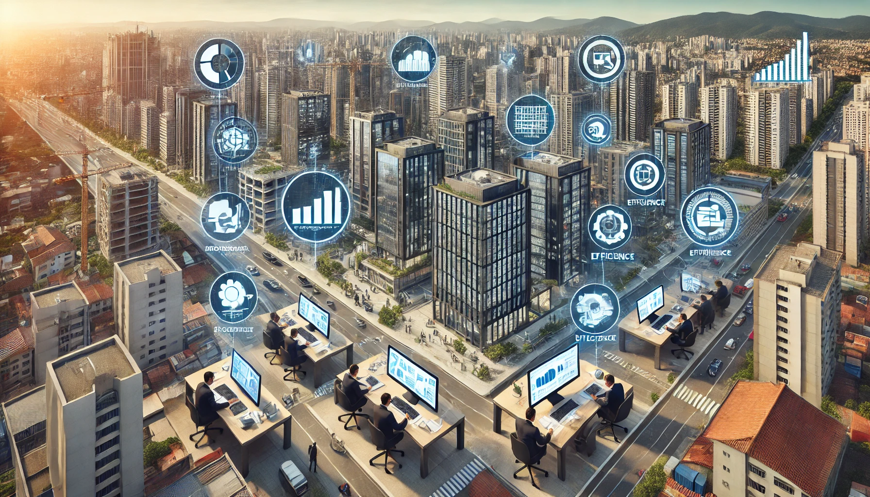 Vista aérea de cidade com edifícios modernamente regularizados pela IMA Projetos. Em primeiro plano, a equipe técnica utiliza telas digitais e gráficos para demonstrar agilidade e transparência no processo de habite-se.